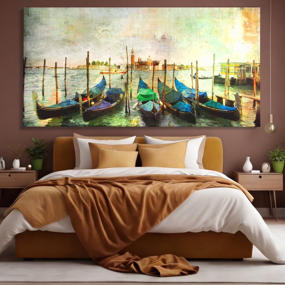 Tablou canvas cu pictura orizontala cu gondole in venetia, fara rama, pe sasiu de lemn, pe perete intr-un dormitor